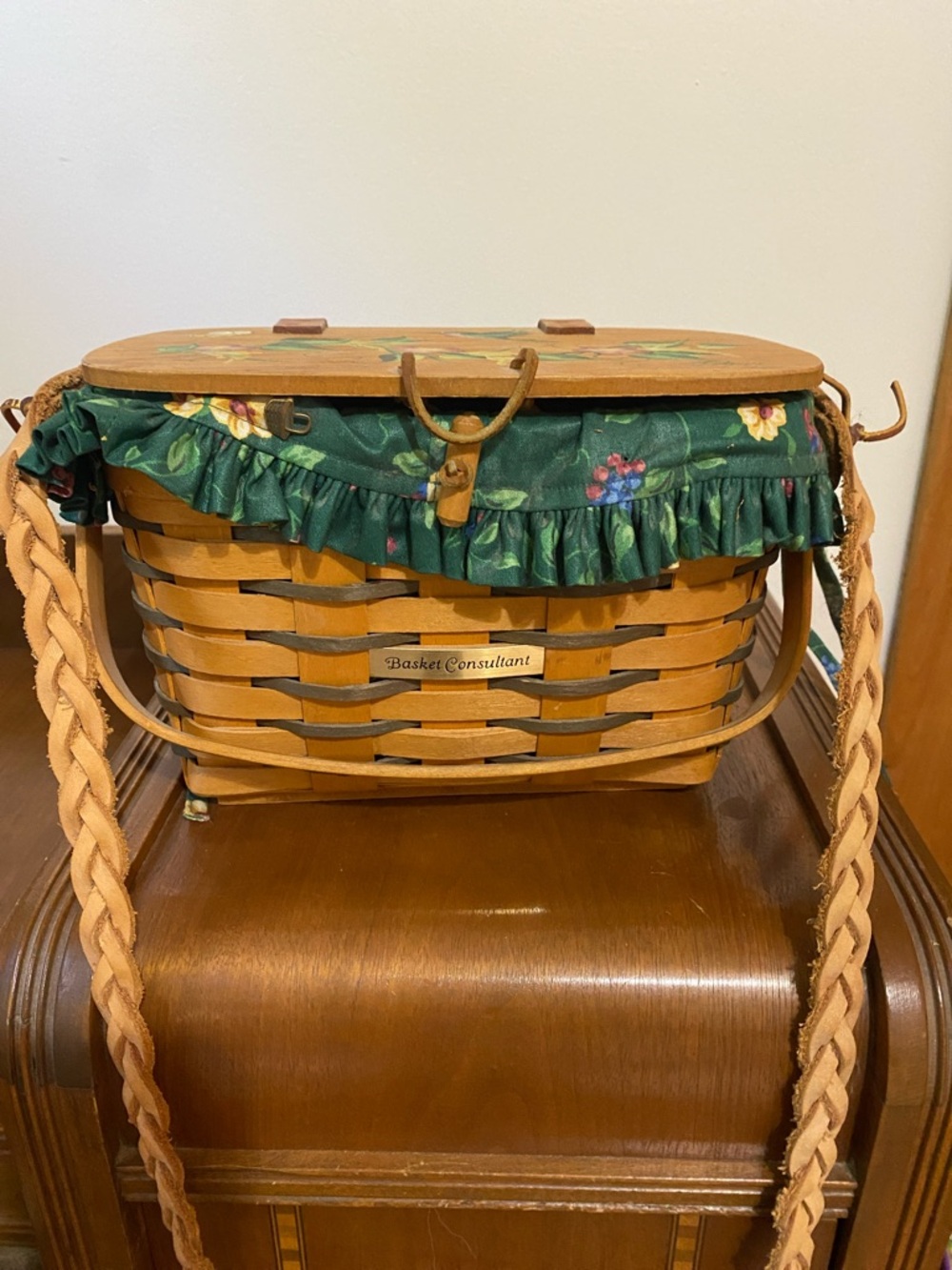 Longaberger Tan Woven Crossbody Bag with Green Floral Liner